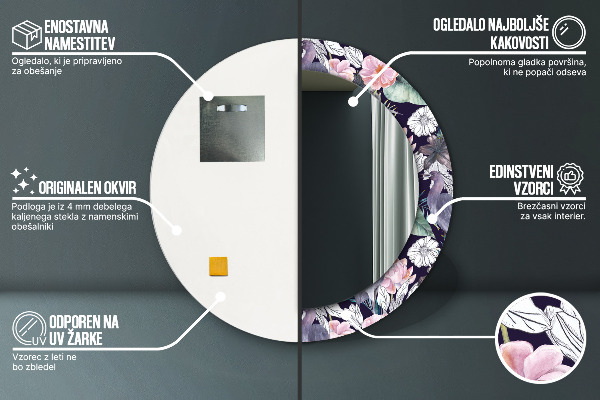 Espelho com moldura impressa redondo Garças