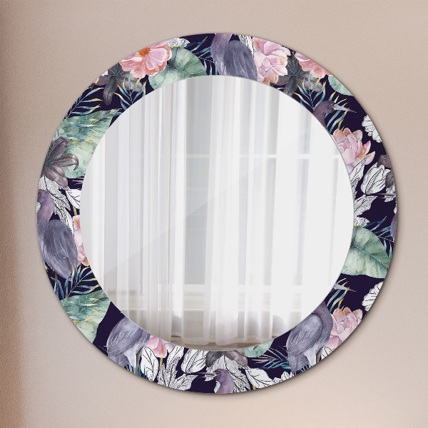 Espelho com moldura impressa redondo Garças