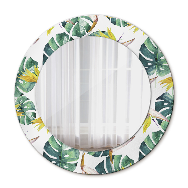 Espelho com moldura impressa redondo Folhas tropicais