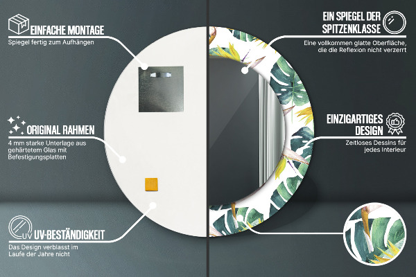 Espelho com moldura impressa redondo Folhas tropicais