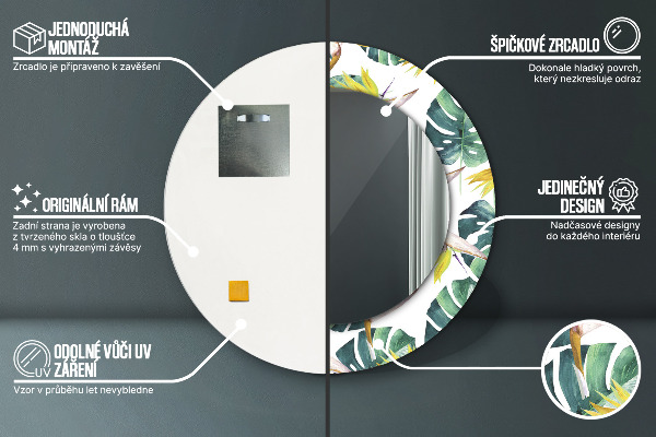 Espelho com moldura impressa redondo Folhas tropicais