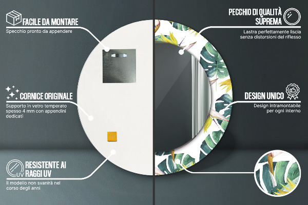 Espelho com moldura impressa redondo Folhas tropicais