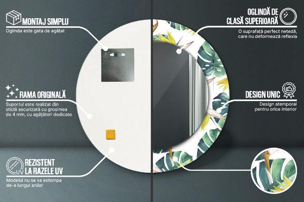 Espelho com moldura impressa redondo Folhas tropicais