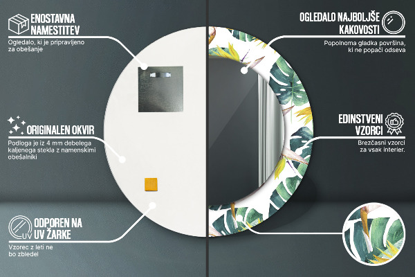 Espelho com moldura impressa redondo Folhas tropicais