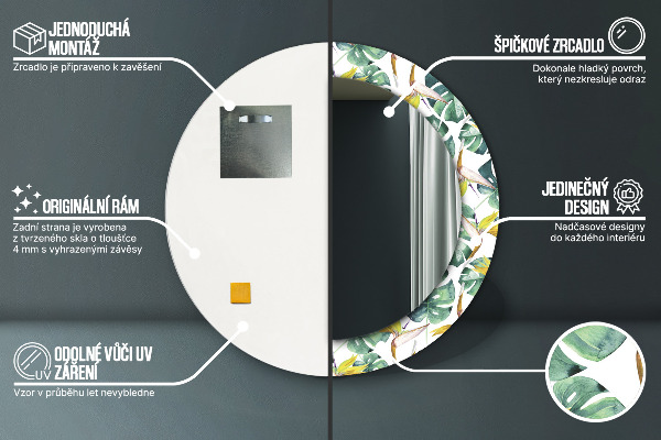 Espelho com moldura impressa redondo Folhas tropicais