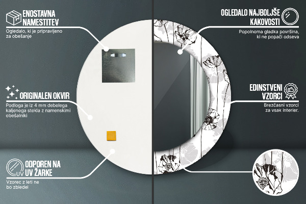 Espelho circular de parede decorativo Flores de papoila