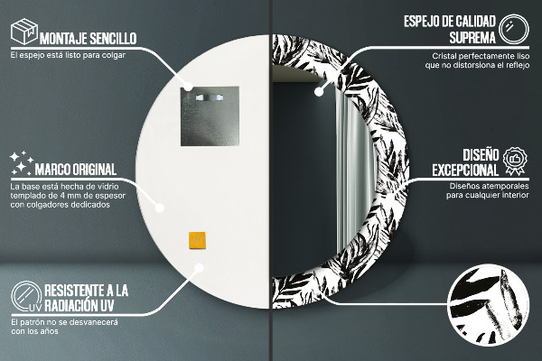Espelho com moldura impressa redondo Monstera