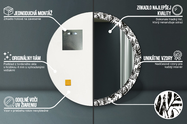Espelho com moldura impressa redondo Monstera