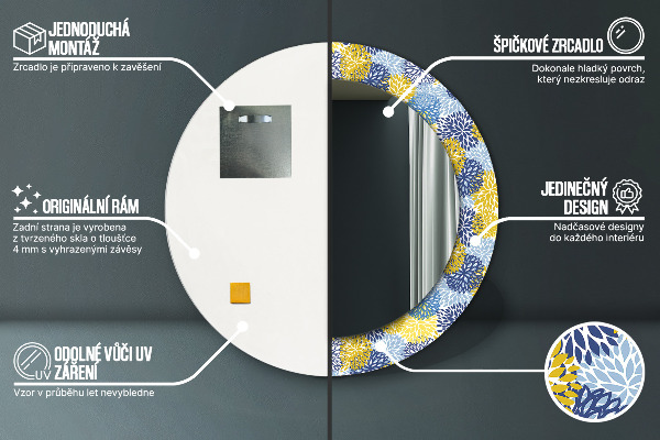 Espelho com moldura impressa redondo Flores azuis