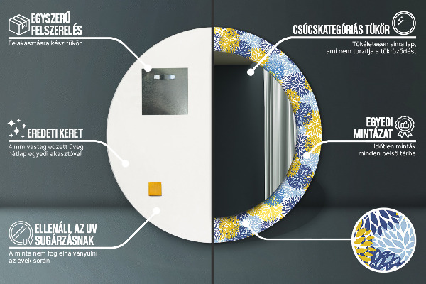 Espelho com moldura impressa redondo Flores azuis