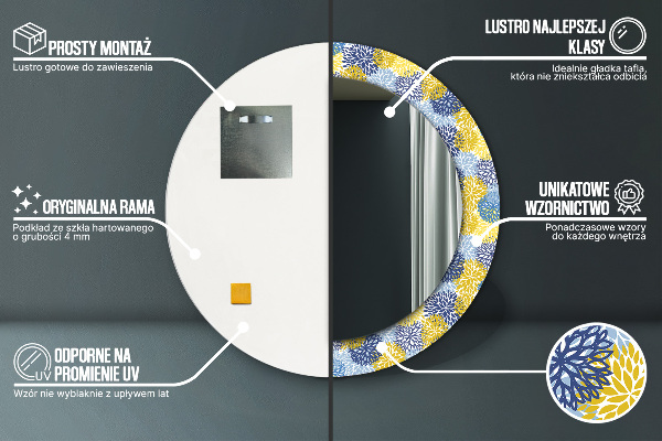 Espelho com moldura impressa redondo Flores azuis