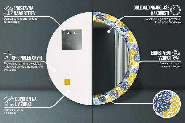 Espelho com moldura impressa redondo Flores azuis