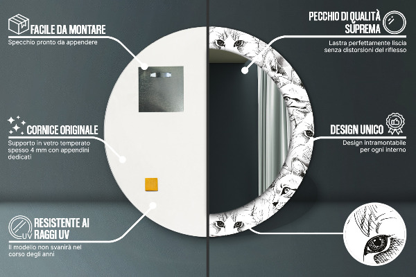 Espelho com moldura impressa redondo Gatos de estimação