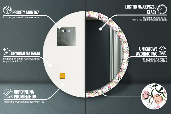 Espelho de parede circular decorativo Botões de peónia