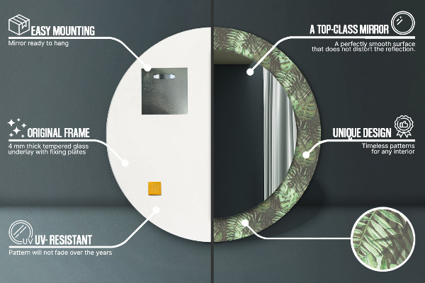 Espelho com moldura impressa redondo Folhas tropicais