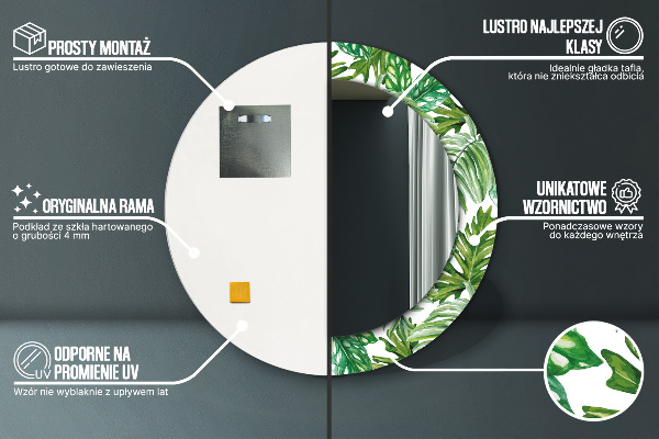 Espelho com moldura impressa redonda Folhas da selva