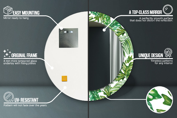 Espelho com moldura impressa redonda Folhas da selva