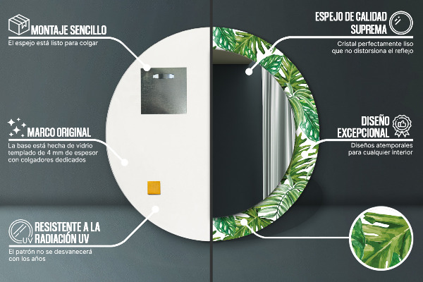 Espelho com moldura impressa redonda Folhas da selva