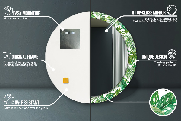 Espelho com moldura impressa redonda Folhas da selva