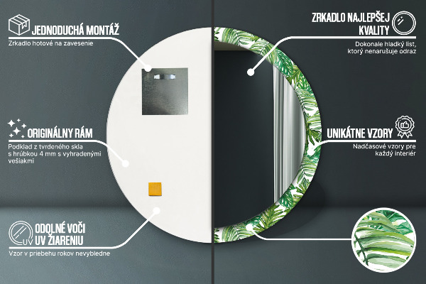 Espelho com moldura impressa redonda Folhas da selva