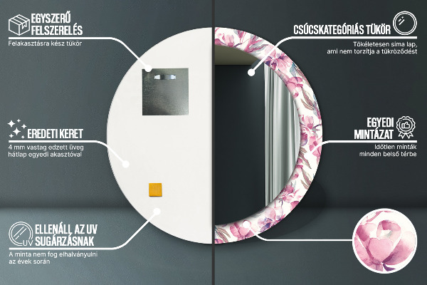 Espelho circular de parede decorativo Flores de peónias