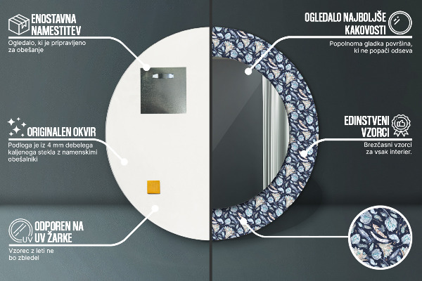 Espelho com moldura impressa redondo Padrão Boho