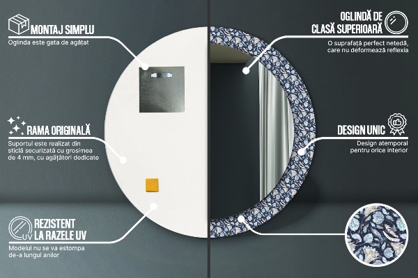 Espelho com moldura impressa redondo Padrão Boho