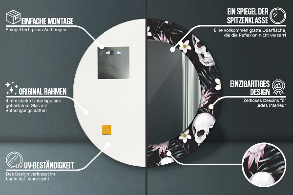 Espelho circular de parede decorativo Flores de caveira