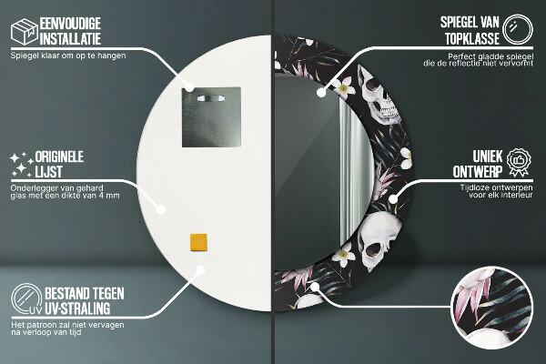 Espelho circular de parede decorativo Flores de caveira