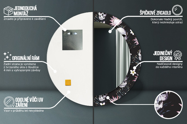 Espelho circular de parede decorativo Flores de caveira