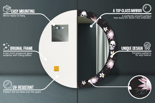 Espelho circular de parede decorativo Flores de caveira