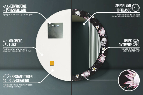 Espelho circular de parede decorativo Flores de caveira