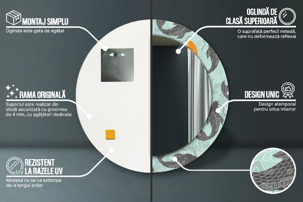 Espelho com moldura impressa redonda Carpa chinesa