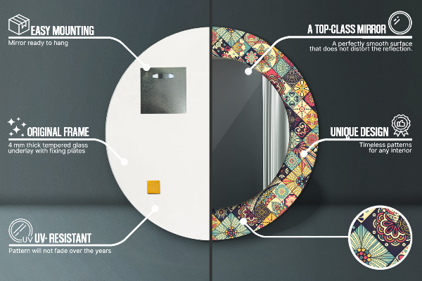 Espelho com moldura impressa redondo Floral étnico