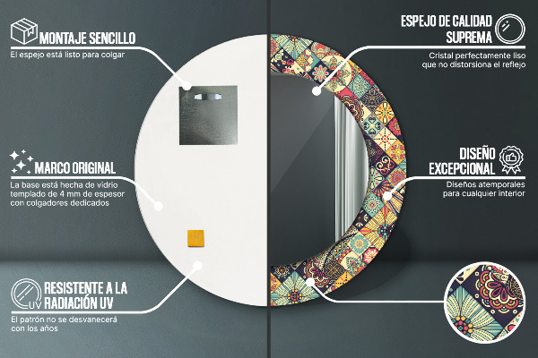 Espelho com moldura impressa redondo Floral étnico