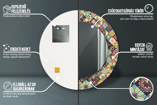 Espelho com moldura impressa redondo Floral étnico