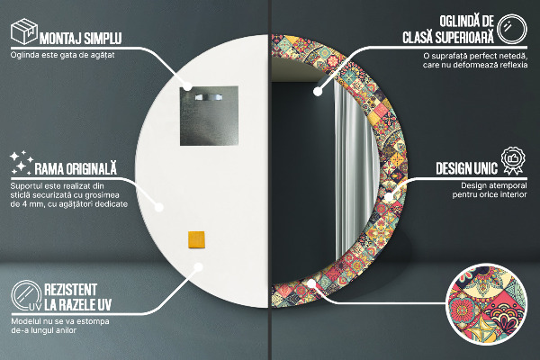 Espelho com moldura impressa redondo Floral étnico