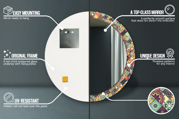 Espelho com moldura impressa redondo Floral étnico