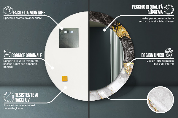 Espelho circular de parede decorativo Mármore e ouro