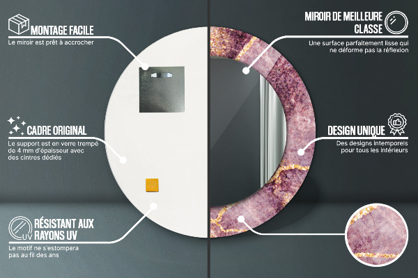 Espelho com moldura impressa redondo Mármore com ouro