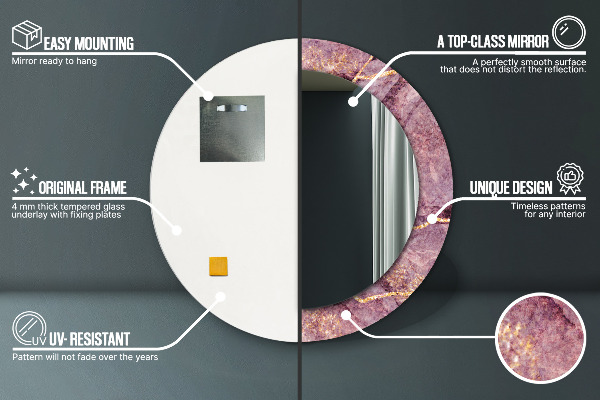 Espelho com moldura impressa redondo Mármore com ouro