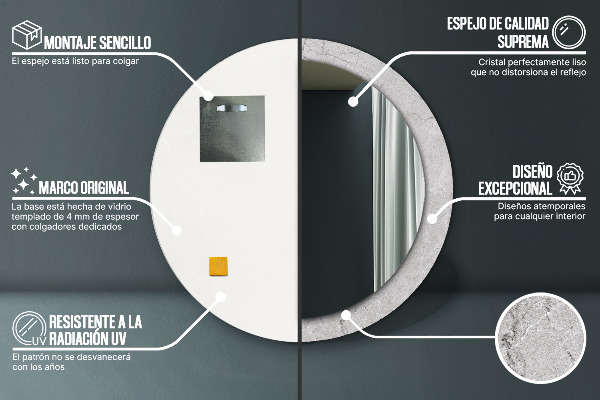 Espelho com moldura impressa redondo Cimento cinzento