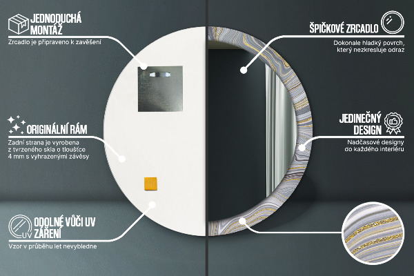 Espelho com moldura impressa redondo Mármore cinzento