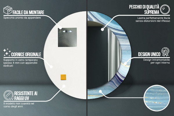 Espelho com moldura impressa redondo Mármore azul