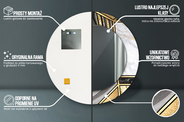 Espelho com moldura impressa redondo Mármore de ágata e ouro