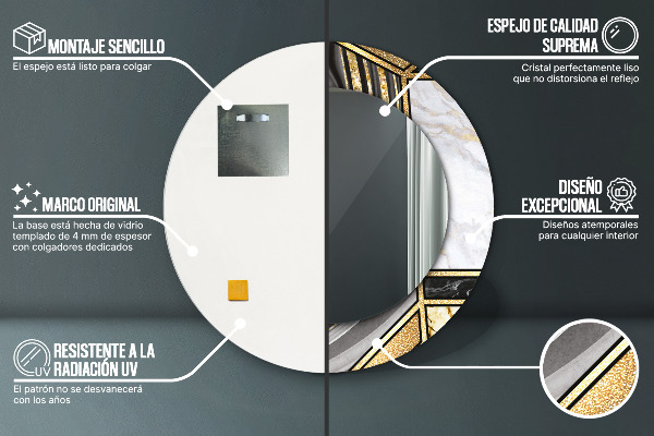 Espelho com moldura impressa redondo Mármore de ágata e ouro