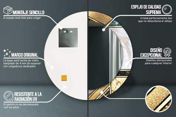 Espelho com moldura impressa redondo Mármore de ágata e ouro