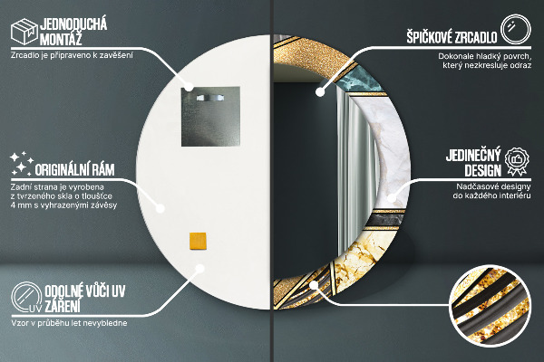 Espelho com moldura impressa redondo Mármore de ágata e ouro