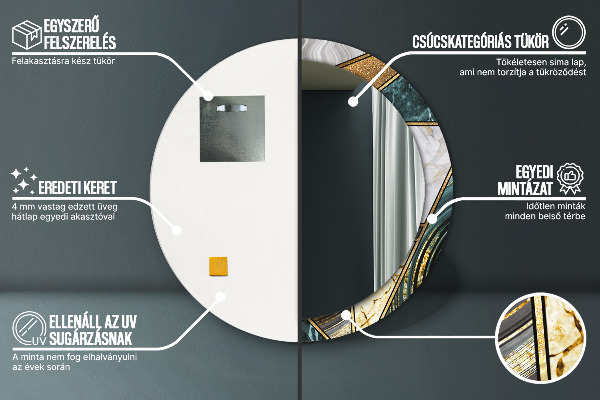 Espelho com moldura impressa redondo Mármore de ágata e ouro