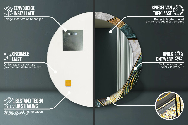 Espelho com moldura impressa redondo Mármore de ágata e ouro